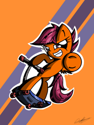 Size: 768x1024 | Tagged: safe, artist:therandomjoyrider, scootaloo, pointing, scooter, solo, underhoof