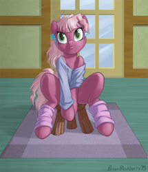 Size: 720x837 | Tagged: safe, artist:brianblackberry, cheerilee, earth pony, pony, 80s, 80s cheerilee, bottomless, clothes, female, flashdance, leg warmers, partial nudity, shirt, sitting, solo, stool, younger