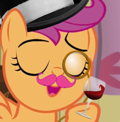 Size: 881x893 | Tagged: safe, edit, scootaloo, bloom and gloom, classy, drink, facial hair, fancy, glass, hat, image macro, meme, monocle, moustache, top hat, warfstache, wine glass