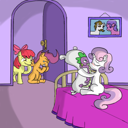 Size: 512x512 | Tagged: artist needed, safe, apple bloom, scootaloo, spike, sweetie belle, dragon, amateur, body pillow, caught, cutie mark crusaders, female, kissing, laughing, male, not creepy, shipping, spikebelle, straight