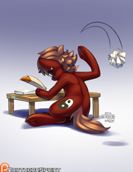 Size: 1280x1656 | Tagged: safe, artist:northernsprint, oc, oc only, oc:sojourner, brown mane, cutie mark, desk, ear piercing, earring, feather, glasses, jewelry, male, messy mane, patreon, patreon logo, piercing, quill, red fur, sitting, solo, writing, yin-yang