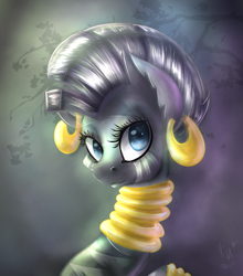 Size: 880x1000 | Tagged: safe, artist:karmamoonshadow, zecora, zebra, bust, earring, neck rings, piercing, portrait, solo