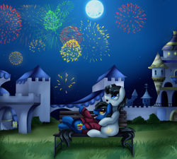 Size: 3509x3158 | Tagged: safe, artist:pridark, oc, oc only, pony, unicorn, bench, canterlot, clothes, commission, fireworks, full moon, grass, light, moon, on back, open mouth, pointing, sitting, sweater