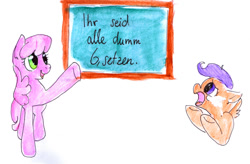 Size: 1280x840 | Tagged: safe, artist:whale, cheerilee, scootaloo, chalkboard, crying, german, open mouth, pointing, traditional art