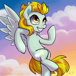Size: 1500x1500 | Tagged: safe, artist:kp-shadowsquirrel, lightning dust, cute, dustabetes, flying, grin, solo, spread wings