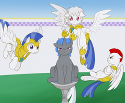 Size: 850x699 | Tagged: safe, artist:ravenpuff, oc, oc only, oc:arrowhead, oc:bastion, oc:monolith, oc:nors, pegasus, pony, unicorn, :t, angry, ask four inept guardponies, behaving like a bird, bird bath, crossed hooves, cute, female, floppy ears, flying, frown, glare, grumpy, lidded eyes, male, mare, royal guard, sad, scrunchy face, sitting, spread wings, stallion, unamused