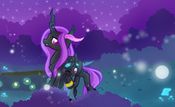 Size: 2592x1601 | Tagged: safe, artist:breioom, oc, oc only, oc:lacewing, oc:neo miles, changeling, changeling oc, commission, duo, night, purple changeling