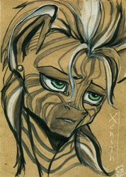 Size: 1732x2439 | Tagged: safe, artist:arainmorn, oc, oc only, oc:xenith, zebra, fallout equestria, bust, fanfic, fanfic art, female, mare, portrait, solo, text, traditional art