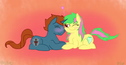 Size: 1221x635 | Tagged: safe, artist:elvis-lopez, artist:wildfirethesmug, oc, oc only, earth pony, pony, unicorn, blushing, cute, heart, love, snuggling