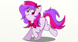 Size: 1023x550 | Tagged: safe, artist:prismaticstars, artist:scribblehearts14, oc, oc only, oc:silent song, :t, bow, cute, hair bow, looking at you, neck bow, raised hoof, raised leg, smiling, solo, trotting