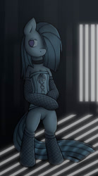 Size: 713x1280 | Tagged: safe, artist:lonelycross, marble pie, earth pony, semi-anthro, bipedal, choker, clothes, collar, corset, female, fishnet stockings, lonely inky, mare, shadow, solo