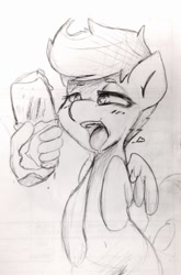 Size: 844x1280 | Tagged: safe, artist:taps, scootaloo, burrito, disembodied hand, drool, food, heart, monochrome, open mouth, pencil drawing, sketch, solo, tongue out, traditional art