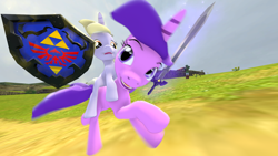 Size: 1920x1080 | Tagged: safe, artist:dezmondvulpin, amethyst star, dinky hooves, sparkler, 3d, equestria's other best daughter, hylian shield, link, master sword, ponies riding ponies, source filmmaker, the legend of zelda