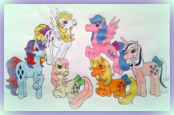 Size: 597x393 | Tagged: safe, artist:applejack-1982, applejack (g1), firefly, posey, sparkler (g1), surprise, twilight, g1, g1 six, traditional art