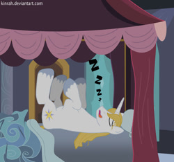 Size: 925x864 | Tagged: safe, artist:kinrah, prince blueblood, pony, bed, bedroom, legs in air, on back, silly, silly pony, sleeping, snoring, solo, zzz