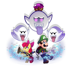 Size: 2563x2339 | Tagged: safe, artist:drawntildawn, apple bloom, earth pony, ghost, human, undead, bloom and gloom, antagonist, awesome, bipedal, boo (super mario), crossover, crown, filly, flight, foal, glowing eyes, jewelry, king boo, levitation, luigi, luigi's mansion, luigi's mansion: dark moon, magic, male, nintendo, regalia, scared, sharp teeth, super mario bros., teeth, tongue out, twitbuster apple bloom, watermark