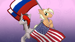 Size: 1280x720 | Tagged: safe, artist:artylovr, oc, oc only, oc:lenich, oc:mic the microphone, pony, unicorn, abstract background, american flag, cute, flag, male, russia, russian flag, smiling, united states, usa flag