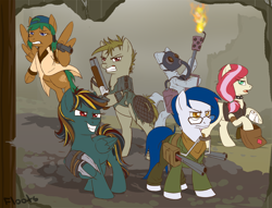 Size: 900x689 | Tagged: safe, artist:floots, oc, oc only, oc:bleeding heart, oc:bowel grinder, oc:bright light, oc:cannonball, oc:desert storm, oc:nitro belle, earth pony, pegasus, pony, fallout equestria, battle saddle, bipedal, bodysuit, cowboy hat, cutie mark, fanfic, fanfic art, female, flamethrower, frown, glare, glasses, grin, gritted teeth, group picture, gun, handgun, hat, hoof hold, hooves, male, mare, medical saddlebag, open mouth, revolver, saddle bag, smirk, stallion, wasteland, weapon, wings