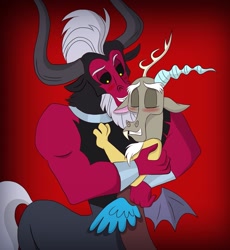 Size: 1287x1400 | Tagged: safe, artist:fiona brown, discord, lord tirek, blushing, cute, discute, gay, male, shipping, snuggling, tirebetes, tirekcord