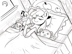 Size: 1280x960 | Tagged: safe, artist:inkeed, apple bloom, season 5, apple, dream, monochrome, plushie, sketch, sleeping, teddy bear