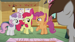 Size: 1280x720 | Tagged: safe, screencap, apple bloom, pipsqueak, scootaloo, sweetie belle, earth pony, pony, crusaders of the lost mark, clubhouse, colt, crusaders clubhouse, cutie mark crusaders, grin, male, open mouth, raised hoof