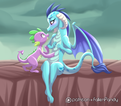 Size: 2278x2000 | Tagged: safe, artist:falleninthedark, artist:stepandy, princess ember, spike, dragon, gauntlet of fire, bedroom eyes, blushing, cute, emberspike, female, looking at each other, male, patreon, patreon logo, shipping, smiling