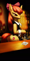 Size: 940x1920 | Tagged: safe, alternate version, artist:float-cloud, apple bloom, earth pony, semi-anthro, crusaders of the lost mark, bar, bartender, chest fluff, clothes, cuffs (clothes), cutie mark, female, older, plot, solo, the cmc's cutie marks