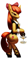 Size: 940x1920 | Tagged: safe, alternate version, artist:float-cloud, apple bloom, earth pony, semi-anthro, crusaders of the lost mark, alcohol, background removed, chest fluff, cocktail glass, cuffs (clothes), cutie mark, older, simple background, solo, the cmc's cutie marks, white background