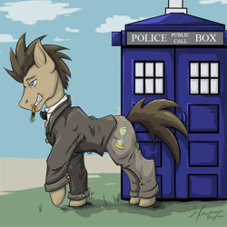 Size: 743x743 | Tagged: safe, artist:kibugamikenzo, doctor whooves, pony, clothes, crossover, doctor who, male, mouth hold, solo, stallion, tardis