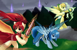 Size: 900x586 | Tagged: safe, artist:pokedigisonic-pds, oc, oc only, oc:elise, oc:maya, oc:wynn, arrow, bow (weapon), bow and arrow, sword, weapon