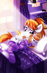 Size: 740x1145 | Tagged: safe, artist:pepooni, oc, oc only, pegasus, pony, bed, clothes, narcissism, plushie, socks, solo, striped socks