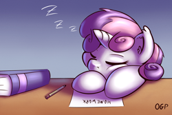 Size: 1000x667 | Tagged: safe, artist:tadashi--kun, sweetie belle, pony, unicorn, book, bust, cute, diasweetes, ear fluff, eyes closed, female, filly, homework, pencil, portrait, sleeping, solo, zzz