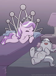 Size: 900x1225 | Tagged: safe, artist:tutiwakalaka, diamond tiara, silver spoon, earth pony, pony, adorabullies, bed, cute, diamondbetes, duo, eyes closed, on back, silverbetes