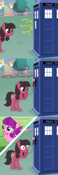 Size: 590x1771 | Tagged: safe, artist:lightf4lls, artist:rioumcdohl26, lily longsocks, oc, oc:macdolia, earth pony, pony, crusaders of the lost mark, comic, doctor who, female, filly, ninth doctor, pigtails, ponyville, tardis, the empty child