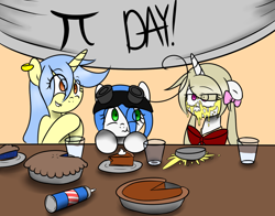 Size: 1280x1006 | Tagged: safe, artist:fullmetalpikmin, oc, oc only, oc:cherry blossom, oc:mal, oc:viewing pleasure, pi day, pie, pied, tumblr:ask viewing pleasure