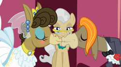 Size: 1261x699 | Tagged: safe, screencap, cranky doodle donkey, matilda, mayor mare, donkey, earth pony, pony, slice of life (episode), crankilda, female, kissing, male, shipping, straight