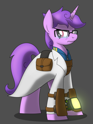 Size: 2400x3200 | Tagged: safe, artist:drawponies, oc, oc only, oc:technical circuits, pony, unicorn, fallout equestria, clothes, cracked horn, female, glasses, lab coat, pipbuck, saddle bag, scientist, solo