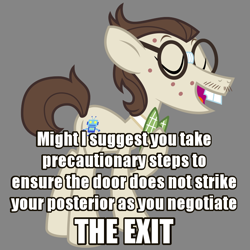 Size: 750x750 | Tagged: safe, gizmo, earth pony, pony, acne, bowtie, bucktooth, eyes closed, facial hair, glasses, gray background, image macro, male, meme, moustache, reaction image, simple background, solo, stallion, text