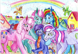 Size: 2000x1390 | Tagged: safe, artist:animagicworld, master kenbroath gilspotten heathspike, minty, pinkie pie (g3), rainbow dash (g3), wysteria, breezie, g3, female, male, mintyspike, pinkiespike (g3), rainbowspike (g3), shipping, spike gets all the mares, straight, traditional art, wysterispike