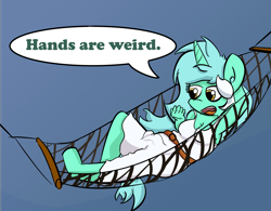 Size: 4141x3223 | Tagged: safe, artist:davierocket, lyra heartstrings, anthro, cleavage, clothes, female, hammock, hand, solo, tanktop