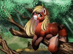 Size: 1024x759 | Tagged: safe, artist:santagiera, oc, oc only, pony, ear fluff, female, forest, heart, looking at you, mare, outdoors, prone, smiling, tree, tree branch