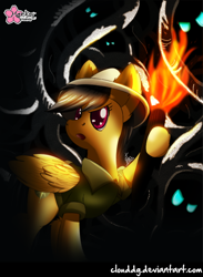 Size: 612x834 | Tagged: safe, artist:clouddg, daring do, cave, clothes, exploring, fire, glowing eyes, hat, torch