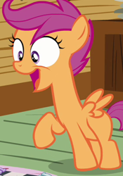 Size: 280x400 | Tagged: safe, screencap, scootaloo, cute, happy, long neck, open mouth, raised hoof, smiling, solo, wide eyes