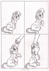 Size: 1250x1801 | Tagged: safe, artist:graboiidz, sweetie belle, human, pony, unicorn, behaving like a cat, behaving like a dog, comic, cute, daaaaaaaaaaaw, diasweetes, eyes closed, female, filly, floppy ears, hand, kitty belle, monochrome, offscreen character, petting, pony pet, raised hoof, sitting, smiling, traditional art