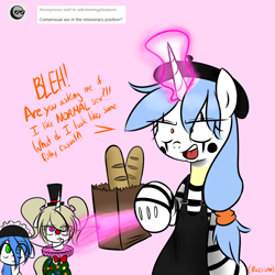 Size: 900x900 | Tagged: safe, artist:fullmetalpikmin, oc, oc only, oc:cherry blossom, oc:mal, oc:viewing pleasure, ask, baguette, beret, clothes, clown, maid, mime, tumblr, tumblr:ask viewing pleasure