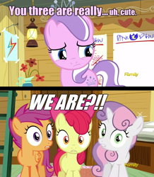 Size: 960x1100 | Tagged: safe, screencap, apple bloom, diamond tiara, scootaloo, sweetie belle, crusaders of the lost mark, clubhouse, crusaders clubhouse, cutie mark crusaders, image macro, meme, surprised, wide eyes