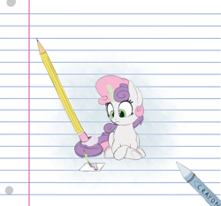 Size: 1550x1444 | Tagged: safe, artist:vanillaghosties, sweetie belle, pony, unicorn, drawing, eraser, erasing, female, filly, lined paper, pencil, recursion, solo