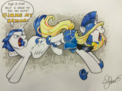 Size: 650x488 | Tagged: source needed, safe, artist:andypriceart, oc, oc only, oc:crystal wishes, oc:silent knight, annoyed, armor, chase, excited, fanfic art, female, fun, horn ring, male, offspring, offspring shipping, open mouth, parent:jet set, parent:upper crust, parents:upperset, ring, shipping, silentwishes, smiling, speech bubble, straight, talking, yelling