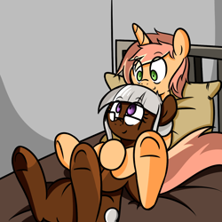 Size: 1200x1200 | Tagged: safe, artist:fullmetalpikmin, oc, oc only, oc:amalgam, oc:spectrum lighting, earth pony, pony, unicorn, fallout equestria, bed, cuddling, snuggling, specgam, underhoof