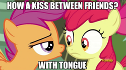 Size: 891x500 | Tagged: safe, screencap, apple bloom, scootaloo, female, image macro, lesbian, meme, scootabloom, shipping